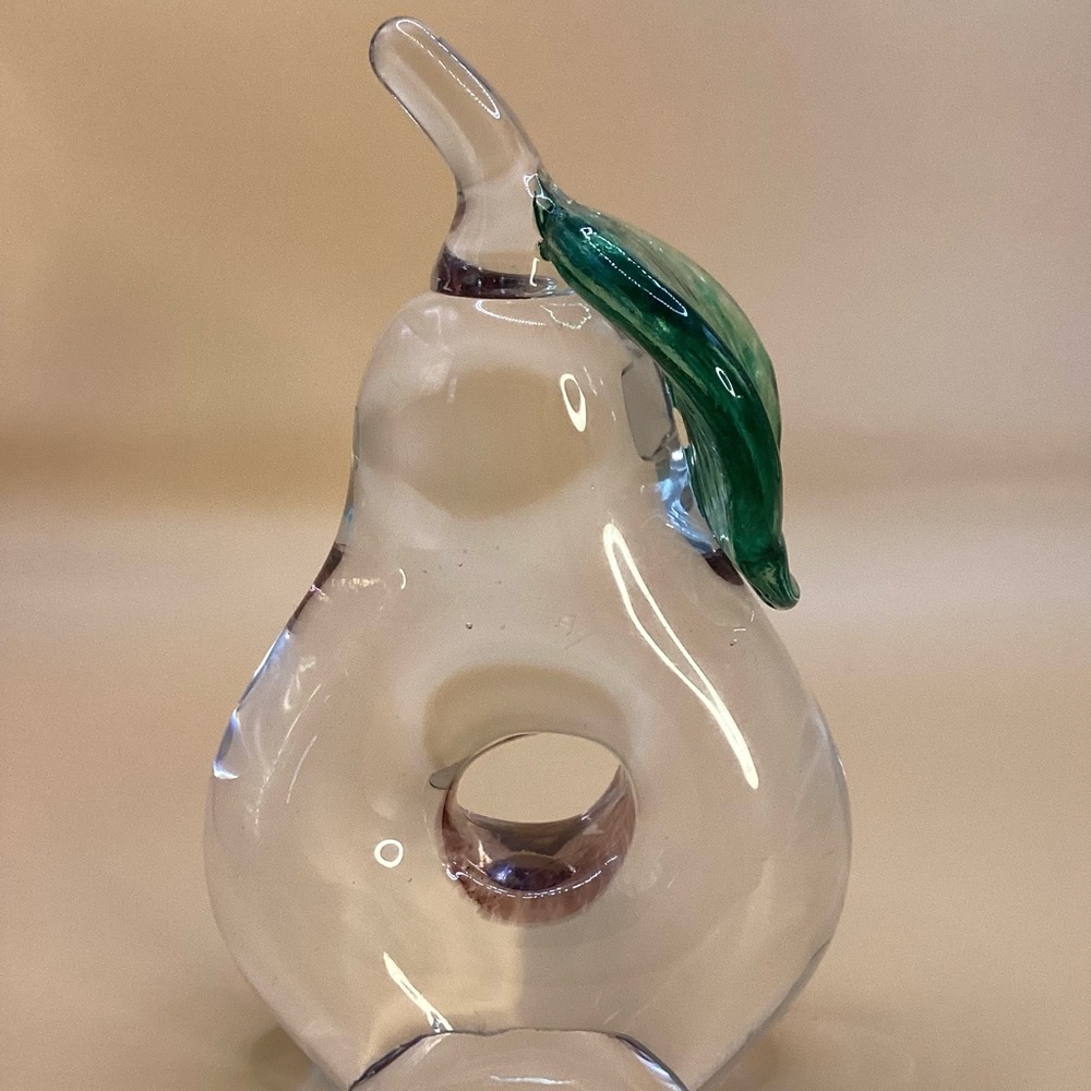 Beautiful Art Glass Clear Pear with Green Leaf and Purple Center Hole